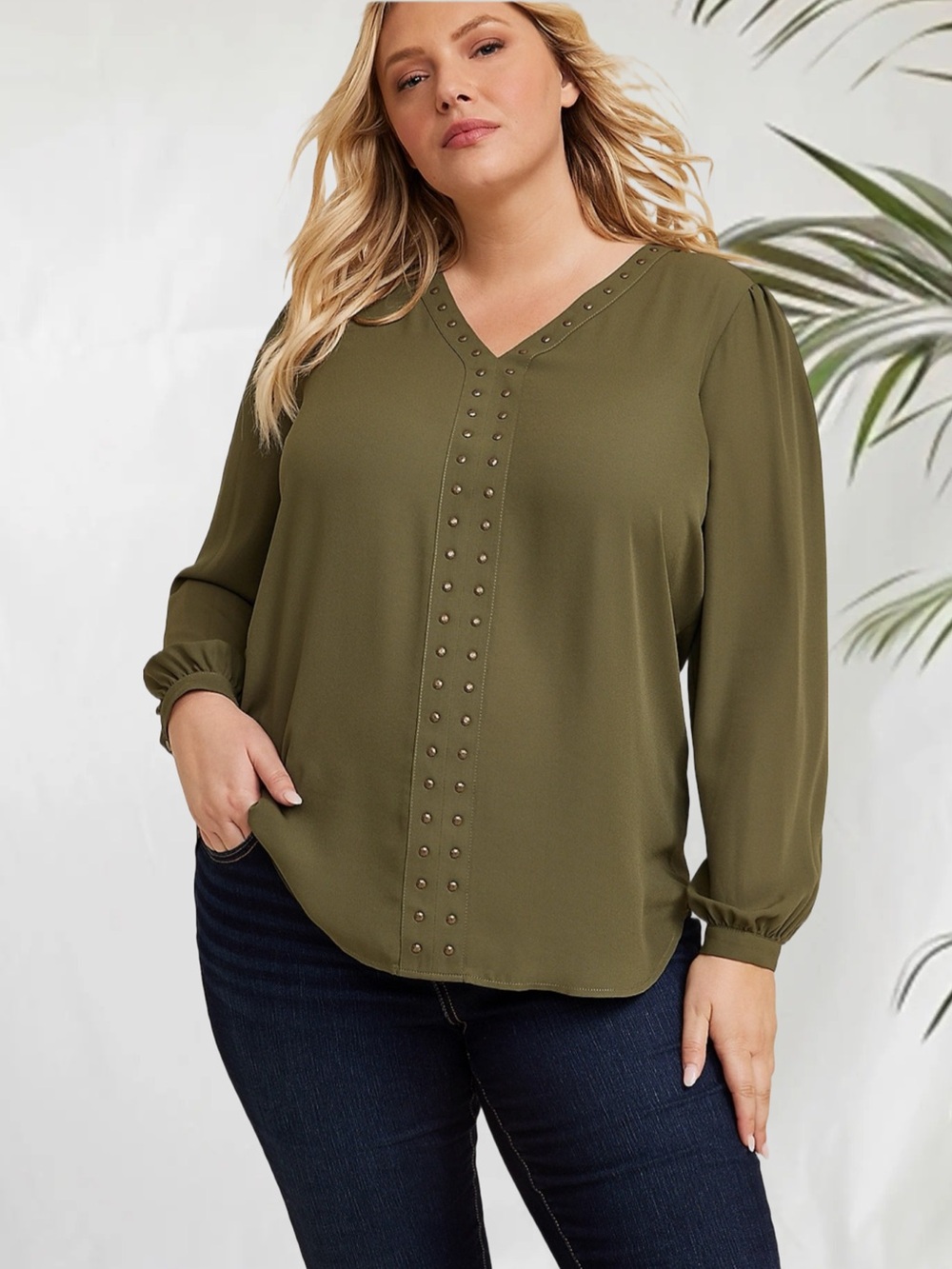 Maurices Plus Size Atwood Studded Boho Tunic Blouse in Deep Olive Green 1X